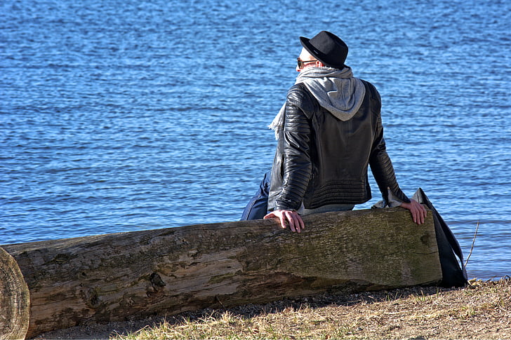 person, individually, man, sitting, lake, alone, look