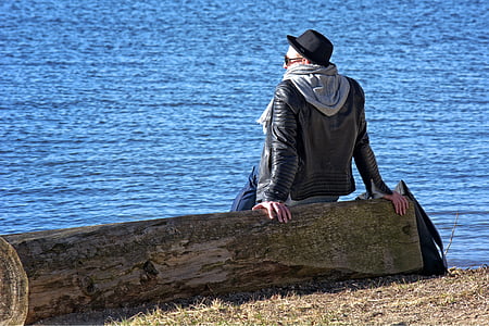 person, individually, man, sitting, lake, alone, look
