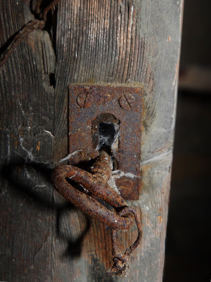 ключ, заключване, стар, ръждясали, вратата, желязо, дървен материал