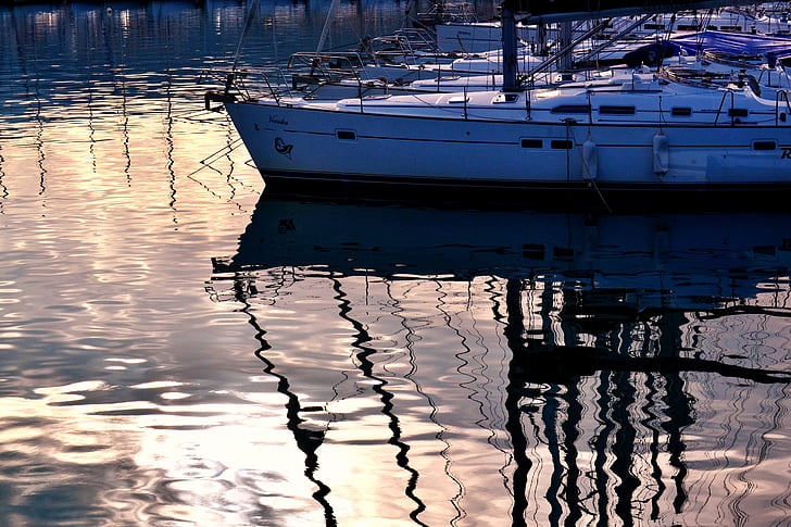 boten reflections door dawn, zonsondergang, zee, Dawn, reflectie, boot, water