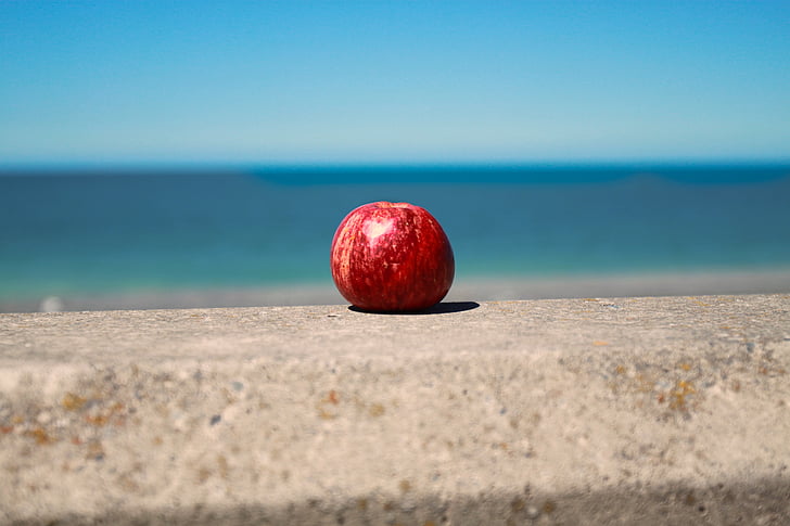 apple, beach, landscape, sky, sea, ocean, fruit