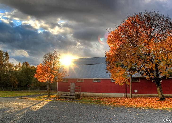 barn, red, sunset, clouds, campbell, valley, park
