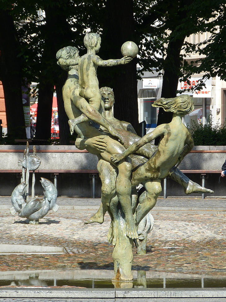 Rostock, Mecklenburg pomerania Barat, ibukota negara, air mancur, patung, gambar, Ruang