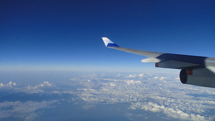 kék ég és fehér felhők, táj, fehér felhő, repülőgép, repülő, légi jármű, szállítás