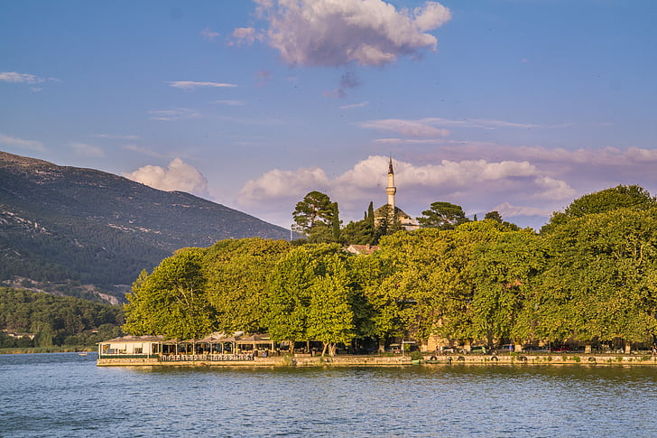 Grieķija, ezers, mākoņi, Ioannina, mošeja, debesis, plaknes koki