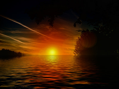 solnedgång, sjön, vatten, våg, Sky, moln, Orange