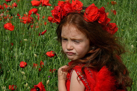 girl, poppies, red, red hair, camp, flower, fantasy