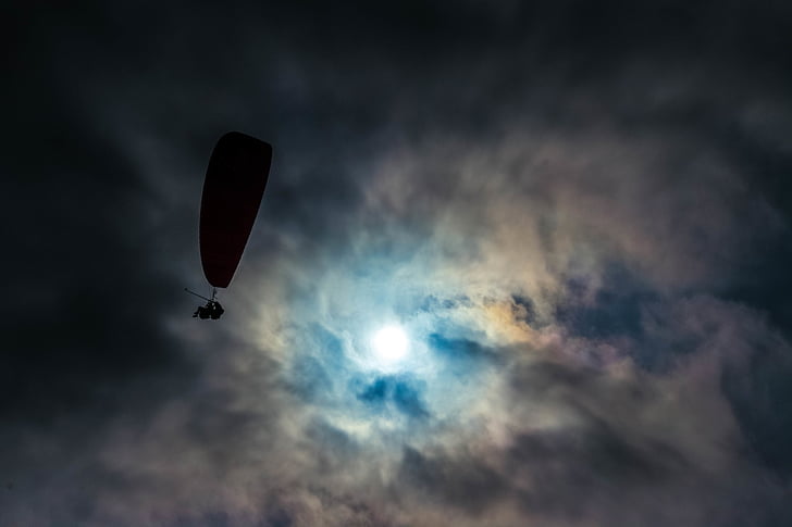 adventure, clouds, dark, fun, parachute, parachuting, silhouette