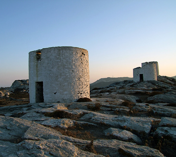 Grèce, Mills, les ruines, tour, lumière de retour, vieux, Amorgos