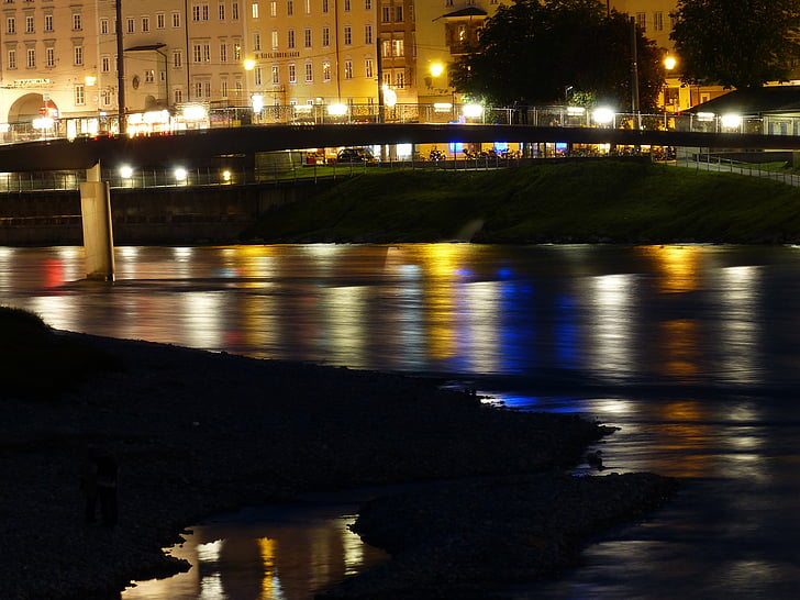 folyó, híd, éjszakai fénykép, fények, elmélkedés, Salzach, Salzburg
