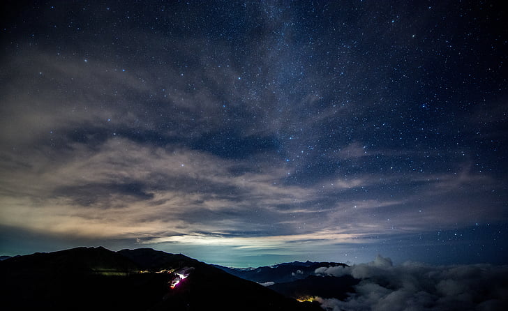 dark, mountain, night, outdoors, silhouette, sky, stars