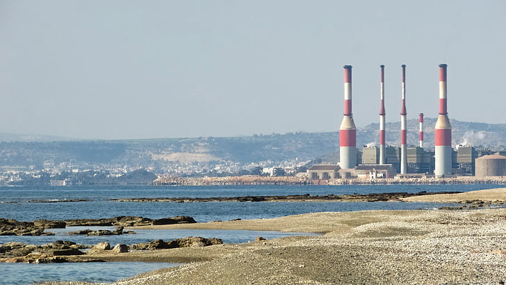 cyprus, ormidhia, coast, dhekelia power plant, industry, factory, chimney