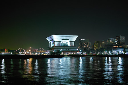 vaizdas naktį, uosto, Yokohama, prieplaukos