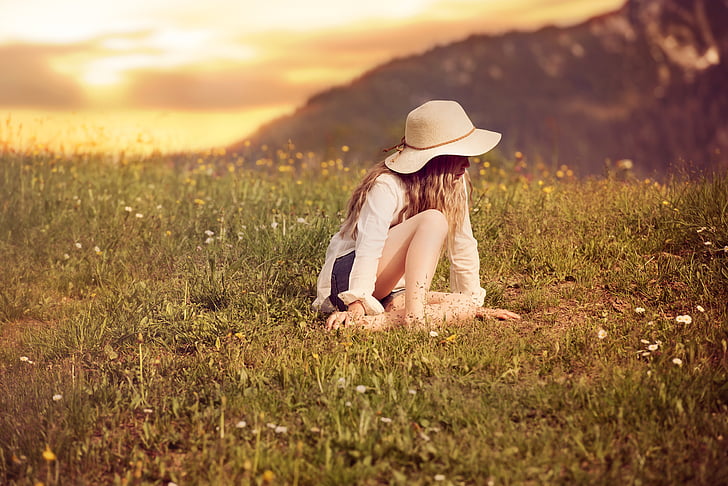 person, human, female, girl, hat, meadow, grass