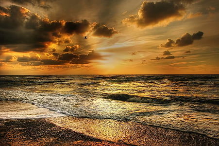 Danmark, Nordsjön, stranden, kusten, dramatisk himmel, kvällen, solnedgång