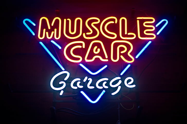 muscle, voiture, Garage, a conduit, panneaux de signalisation, bar, néon