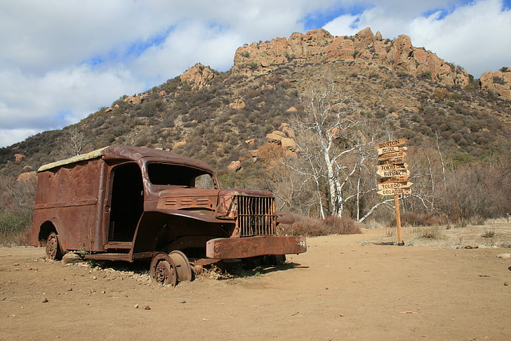 truck, abandoned, rusted, old truck, dirt