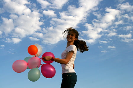 girl, balloons, bounce, sky, cloud