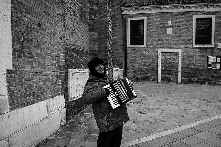 vell, home, acordió, Venècia, música, alegria