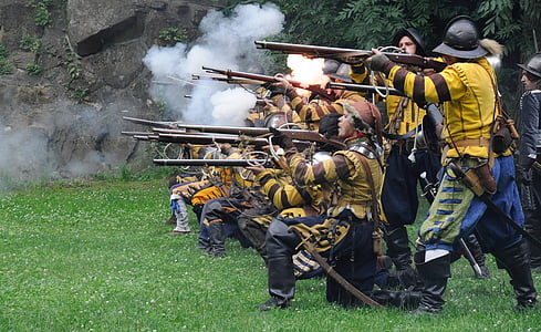 battle, historical battle, shooting, historical costume, muskets, war, grass