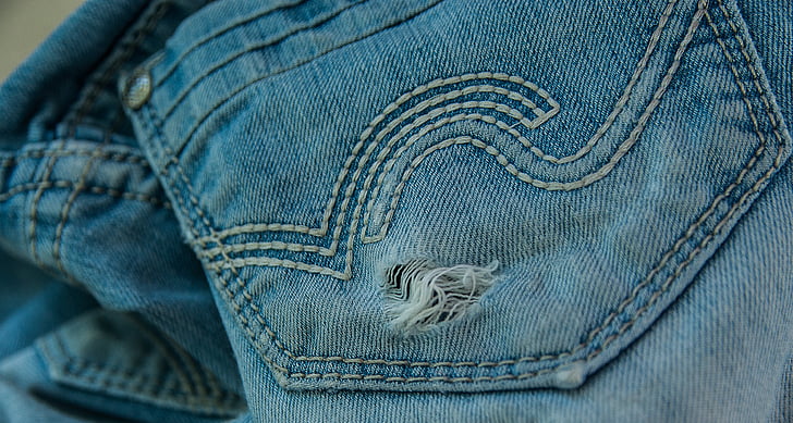bikses, džinsi, vecais, valkā, caurums, džinsa, tekstila