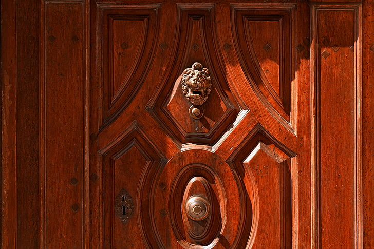 pintu, kayu, lama, menangani, tembaga, singa