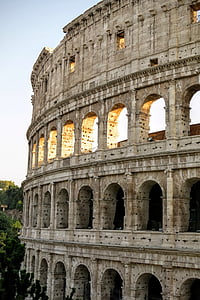 Coliseu, Roma, pôr do sol, luz, sombras, antiga, pedra