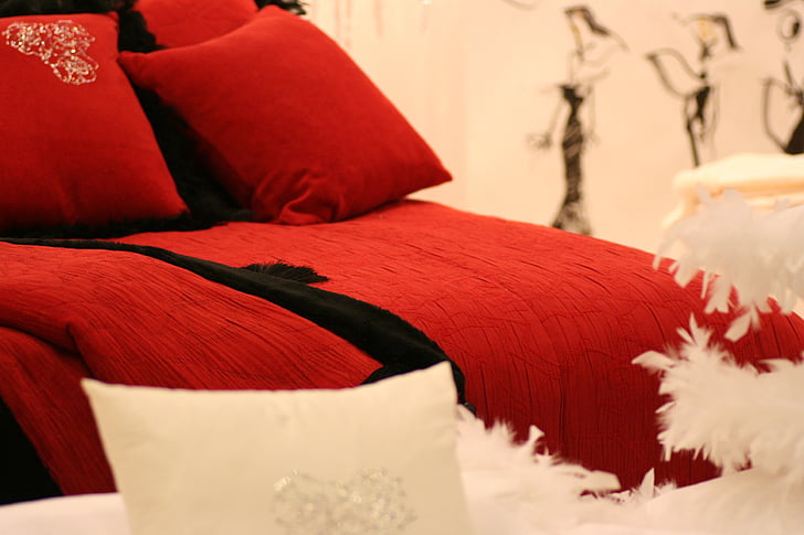 dekor, kanapé, piros, kereskedelmi vásárokon, habitare, párna, hálószoba