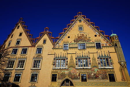 home, building, town hall, ulm, facade, yellow, painting