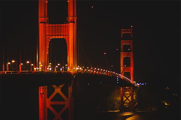 arany, kapu, híd, éjszakai, Golden gate híd, San francisco, építészet