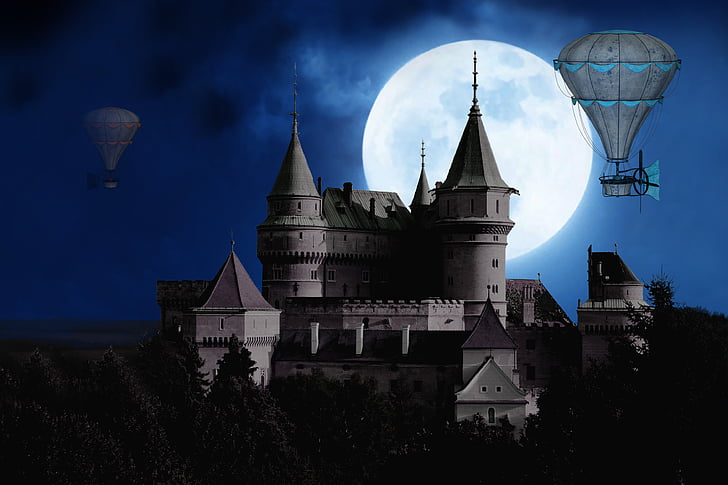 luna, grad, balon, Gondola, polna luna, mistično, noč