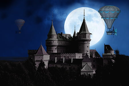Луната, замък, балон, кабинков лифт, пълнолуние, мистични, нощ