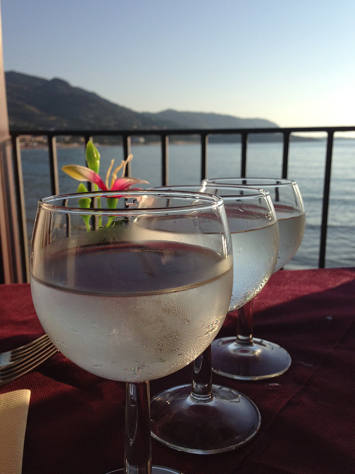 glasses, water, sea, view, summer, wine glass, alcohol