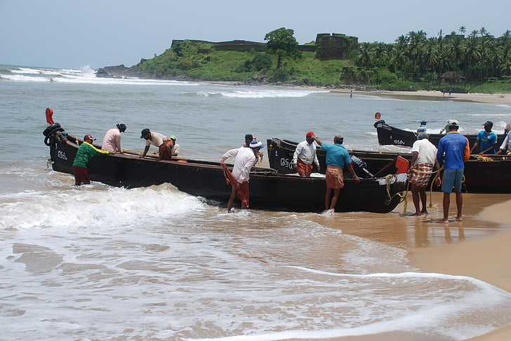 Kerala, fiskere, båter, India, stranden, fiske, nautiske fartøy