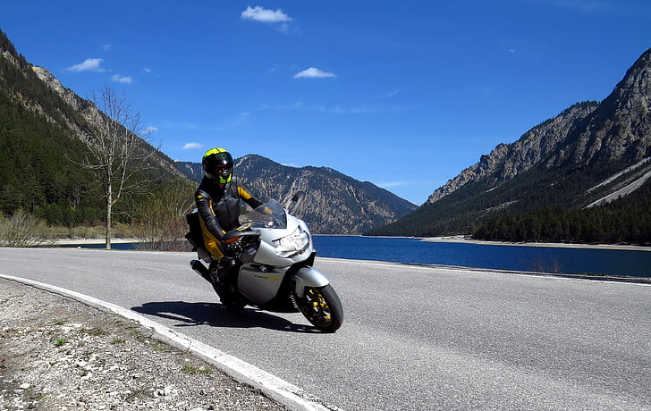 motorcycling, road, bike, motorcycle, mountains, alpine, lake