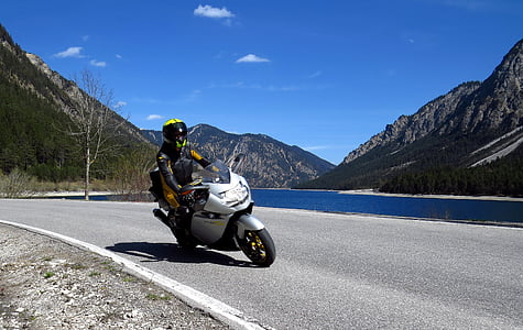 Moottoripyöräily, Road, pyörä, moottoripyörä, vuoret, Alpine, Lake