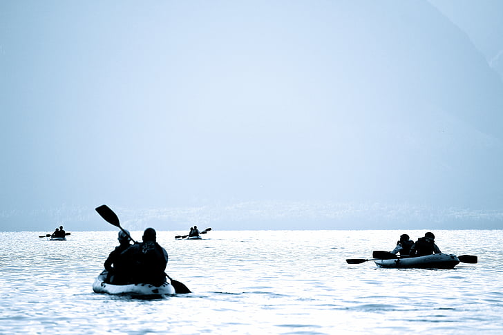 eight, people, riding, kayak, sea, daytime, sky