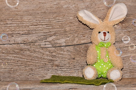 background, easter, wood, fabric bunny, easter bunny, soap bubbles, text dom