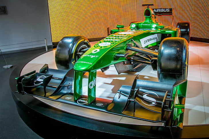 Fórmula 1, cotxe de carreres, auto, Caterham, exposició, verd