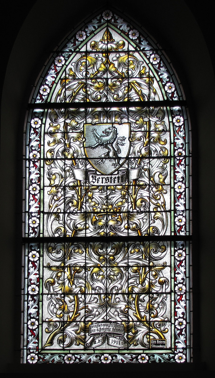 berstett, protestantų bažnyčia, tamsintas stiklas, langas, religinių, dekoro, istorinis
