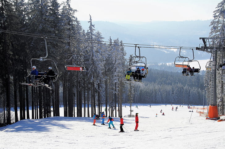 skiing area, chair lift, skiers, ski resort, winter sport, winter, mountains