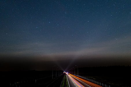 tamno, noć, ceste, svjetla, autocesta, nebo, zvijezde