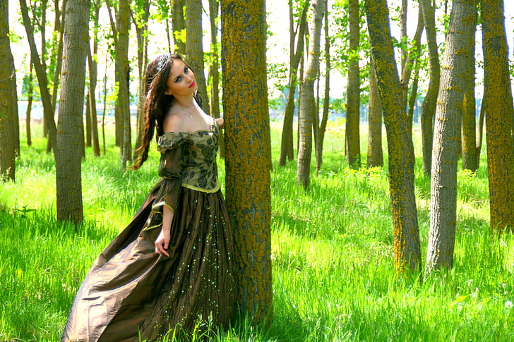 girl, princess, dress, forest, wreath, beauty, green