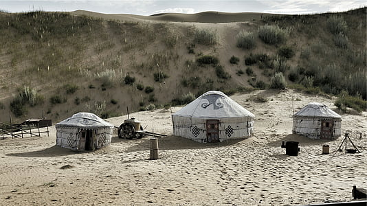 three, gray, dome, tents, desert, sand, dunes