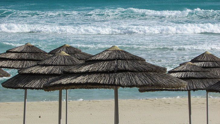 пляж, зонтики, песок, Кипр, Айя-Напа, пляж Нисси