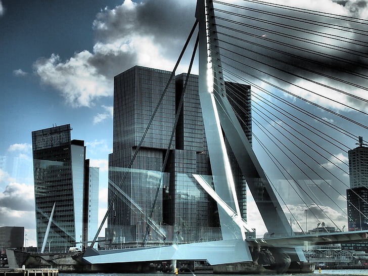 híd, felhők, Hollandia, Rotterdam