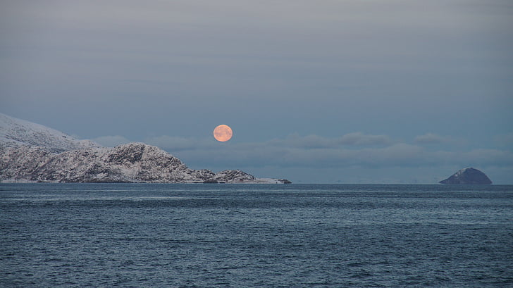 Lluna, muntanya, Mar, fiord noruec, la naturalesa de la, vistes, blau