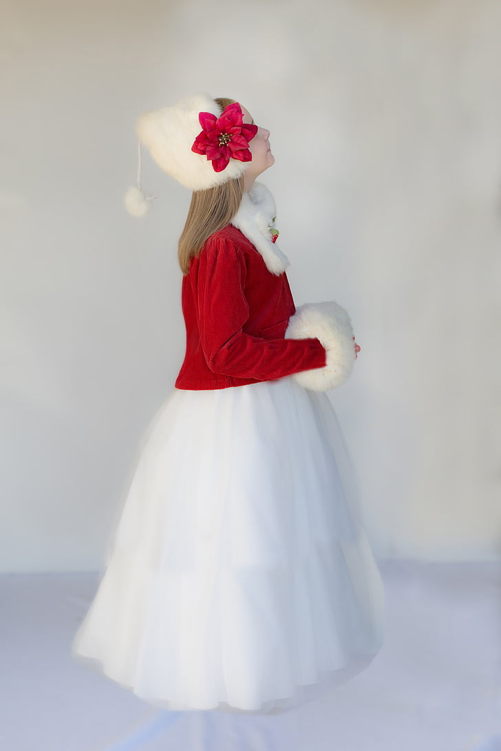 christmas child, red coat, white fur hat, white fur muff, muff, little, girl