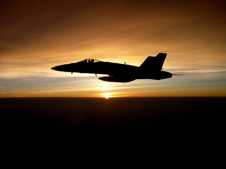 Jet, militära, siluett, flygande, solnedgång, fighter, plan