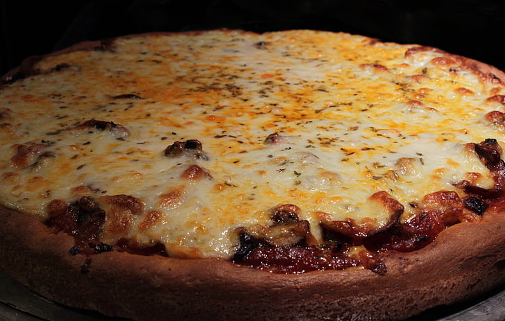pizza, crust, cheese, mushroom, bake, closeup, cuisine